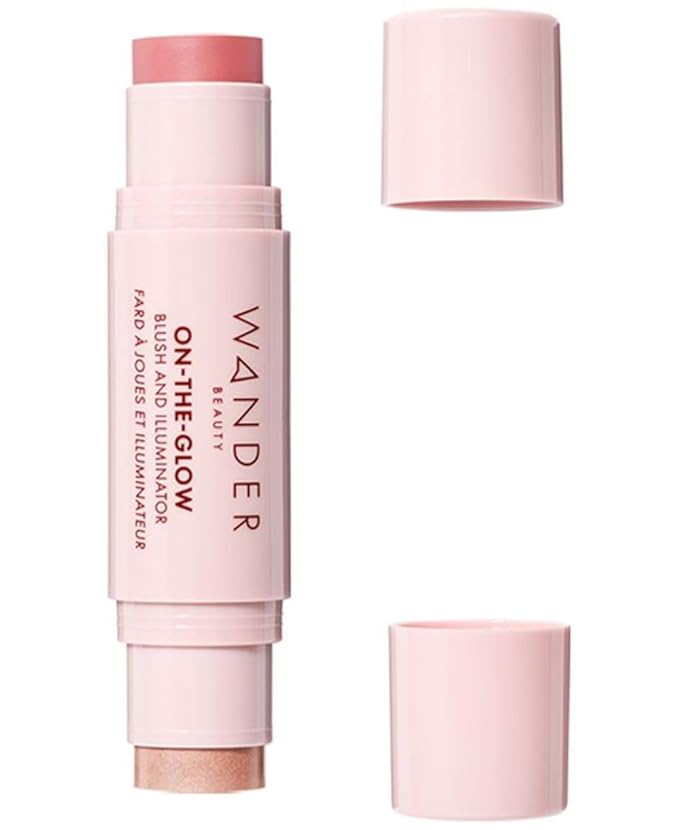 Wander Beauty On-the-Glow Blush and Illuminator - Coral Rose/Nude Glow - 7-in-1 Hydrating Cream Blush & Highlighting Stick - Stick Blush for Cheeks, Lip, & Body - Highlighter Makeup & Blush - 0.4 oz