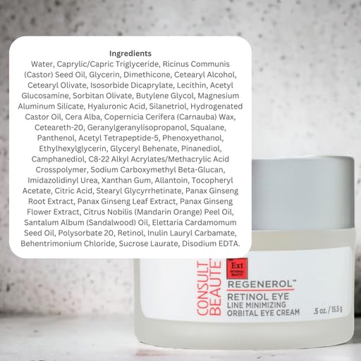 Consult Beaute Regenerol Retinol Eye Cream - Line Minimizing Orbital Eye Cream - Rejuvenating - Hyaluronic Acid - 0.5 oz