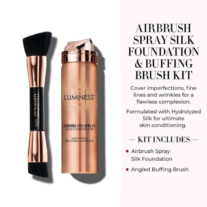 LUMINESS Silk Airbrush Spray Foundation & Buffing Brush Kit – Full Coverage Foundation & Dual-Sided Buffing Brush - Buildable Coverage, Anti-Aging Formula Hydrates & Moisturizes (Shade - Rich)
