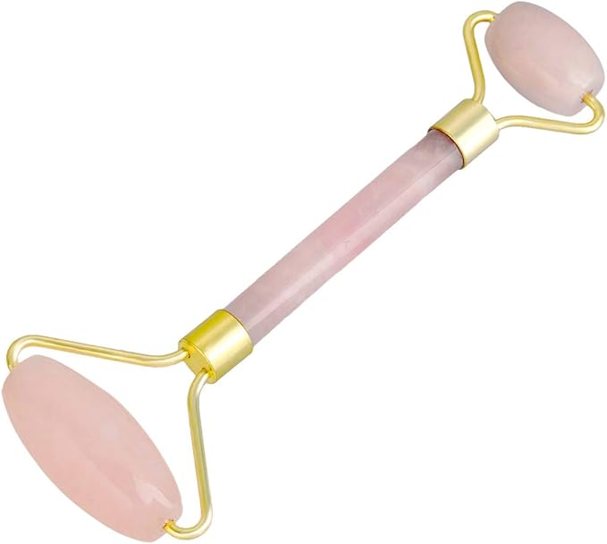 Rockcloud Natural Crystal Stone Roller Massager Double Neck Face & Neck Massage Therapy Anti-Aging Wrinkle Healing Slimming Skincare Tool,Rose Quartz