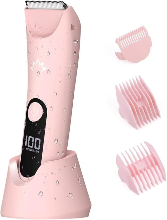 Bikini Trimmer for Women, Painless Pubic Hair Trimmer for Armpit Leg Arm Body Private Area,Rechargeable Womens Electric Razors Shaver LED Light Ceramic Blade IPX7 Waterproof Wet/Dry LCD Display,Pink