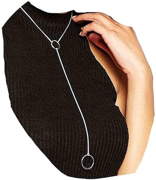 Boho Long Circle Pendant Necklace Silver Y Lariat Necklace Minimalist Y Drop Chain Necklace Jewelry for Women