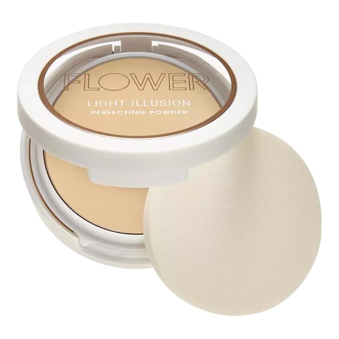 FLOWER Beauty By Drew Barrymore Light Illusion Perfecting Powder - Powder Foundation + Setting Powder for Makeup - Medium Buildable Coverage - Natural Glow + Flawless Finish - Mirror + Sponge Include d (Sable)