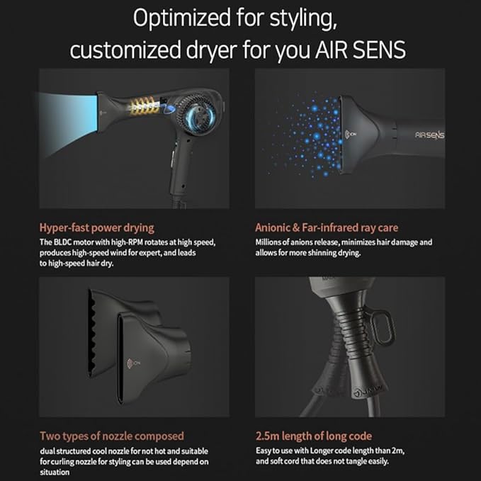 JMW Korean Professional Salon Hair Dryer AIR Sense I 15 Winds-3 Heat X 5 Speed Mix, 2 Nozzles & Dryer Stand, Upgrade BLDC Motor, 100% Cool Shot, Smart Memory, Fast Drying, Quiet and Long-Lasting