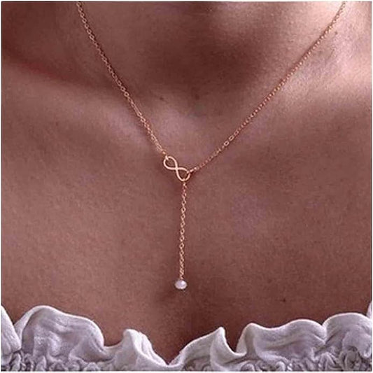 Boho Pearl Infinity Necklace Silver Y Pearl Necklace Minimalist Chain Y Lariat Necklace Chain Jewelry for Women and Girls