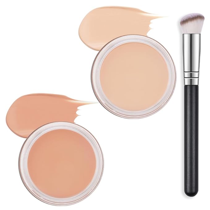 Kaely 2Pcs Pot Concealer Full Coverage Set,under Eye Brightener Concealer for Conceals Dark Circles,Waterproof Foundation Face Makeup Brush Kit,Color Correcting Concealer,02+03