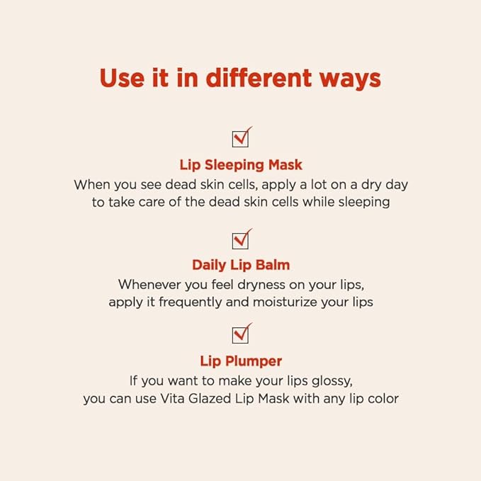 Vita Glazed Lip Mask 20ml / 109.5g, Super moisturizing night lip care, glazed and easy washable texture that melts into lips