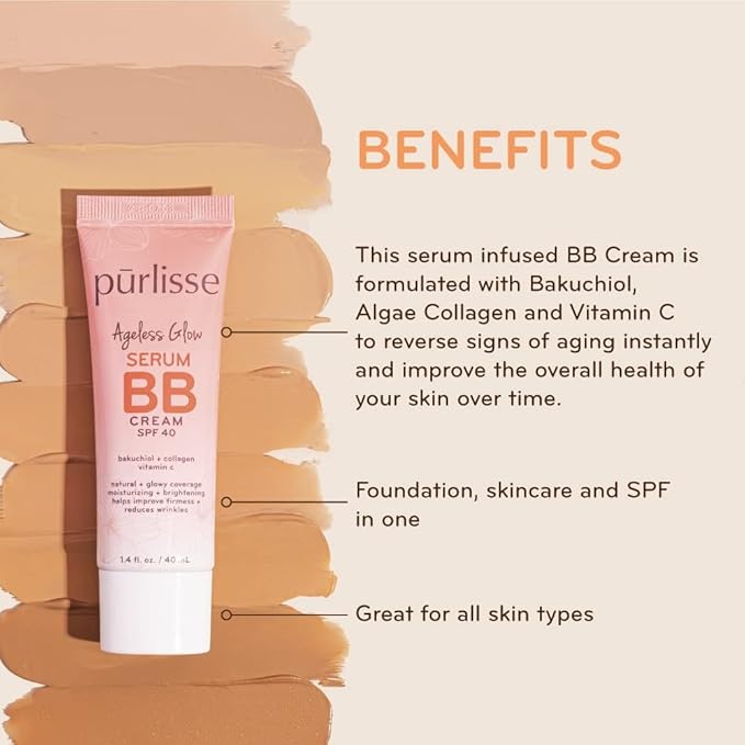 pūrlisse Ageless Glow Serum BB Cream SPF 40 : Clean & Cruelty-Free, Full & Flawless Coverage, Hydrates with Collagen | Medium Tan 1.4oz