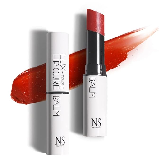 NATURAL SHINE NS BEAUTY Lux Triple Lip CURE Glossy Balm ATHENA (Red Orange) | Chapstick Hydration and Exfoliator | Overnight Lip Treatment Care Deep Nourishing for Dry Cracked Chapped Lips (0.17oz)