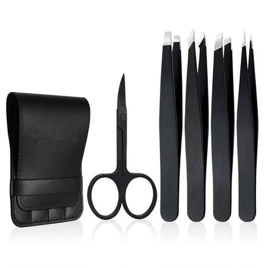 Tweezers Set 5-Piece - Professional Stainless Steel Tweezers with Curved Scissors, Best Precision Tweezer for Eyebrows, Splinter & Ingrown Hair Removal with Leather Travel Case (Black)