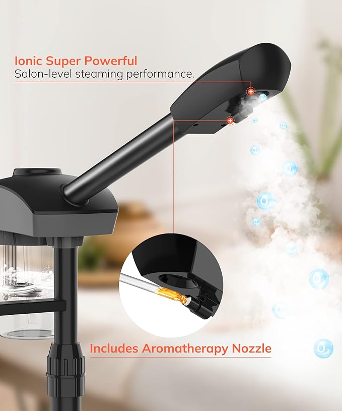 TASALON Professional Ionic Facial Steamer, 2-in-1 Face Steamer for Facial with 5X Magnifying Foldable Arm, Mist Face Steamer Salon Spa Beauty Skin Care Equipment, Aroma Therapy Nozzle Included- Blcak