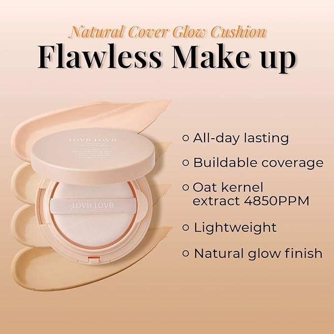 Natural Cover Glow Cushion Foundation | Korean Foundation Makeup | Long-Lasting Buildable Coverage | Lightweight and Moisturizing | Flawless Finish 0.42oz (21N Light Beige)