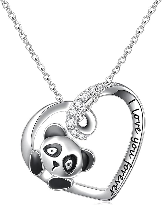 Silver Crystal Panda Necklace Choker Vintage Heart Panda Pendant Cute Animal Necklace Charm Jewelry I Love You Forever Birthday Gifts for Kids Women and Girls