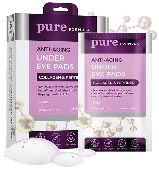 Collagen and Peptides Under Eye Patches - Reduces Puffiness & Dark Circles, Firming & Anti-aging Under Eye Pads - Cruelty Free Korean Skin Care For All Skin Types - 5 Pairs