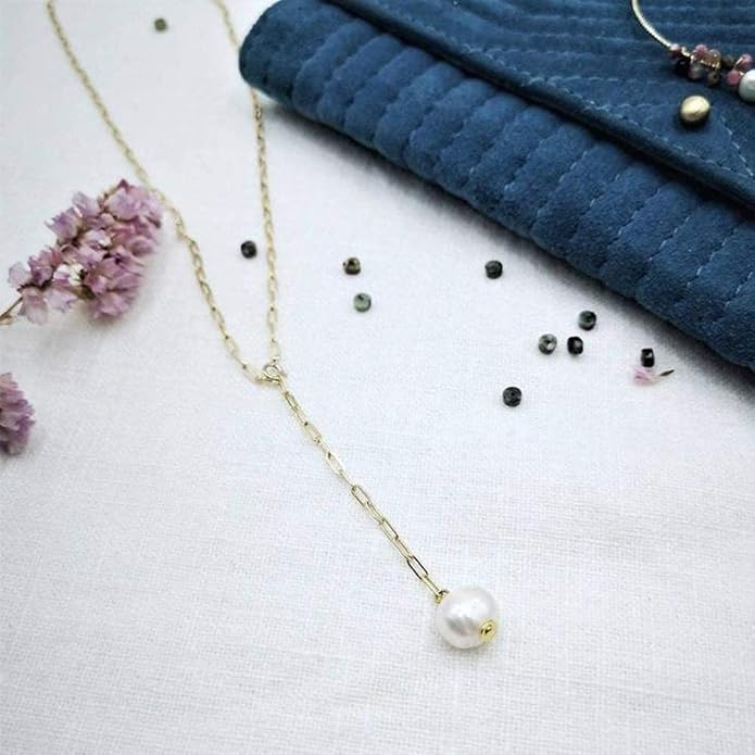 Boho Long Pearl Necklace Gold Lariat Y Necklace Choker Pearl Pendant Necklace Vintage Minimalist Necklace Chain Jewelry for Women and Girls