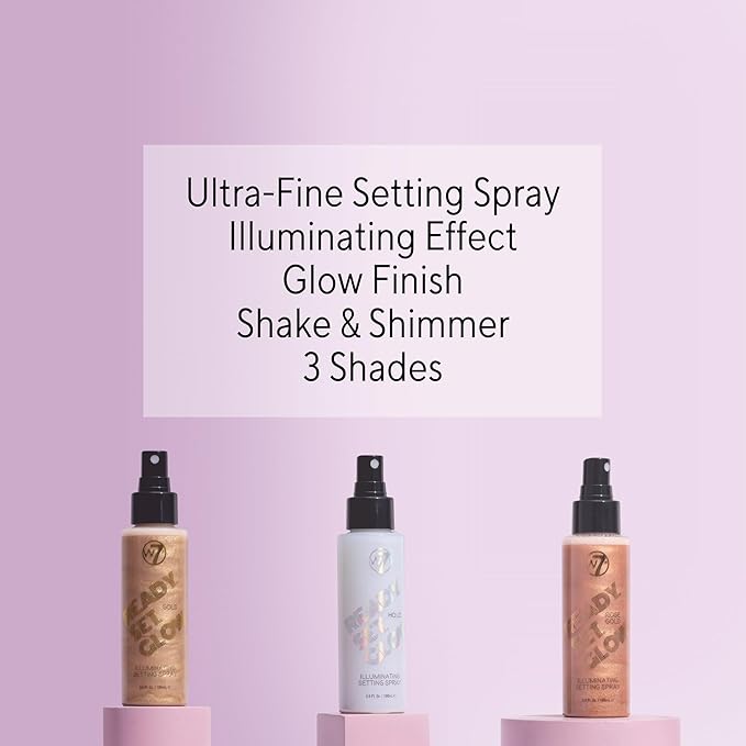 W7 Ready Set Glow Trio - 3 Piece Set - Makeup Setting Spray - Shimmer Finish - Long-Lasting, Ultra-Fine Formula (Rose Gold, Gold & Holo)