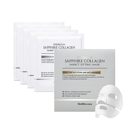 WELLDERMA Sapphire Collagen Face Mask Premium Impact Fitting Overnight Face Mask 16EA-Korean Face Sheet Mask for all skin type-Hydrating facial mask sheets-Patented Structure Hydrogel Type-Niacinamide