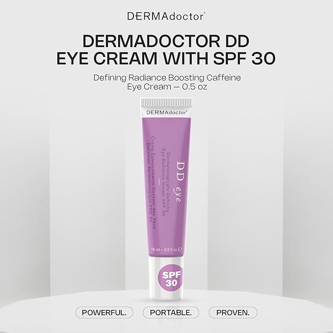 DERMAdoctor DD Caffeine Eye Cream for Dark Circles, Illuminator, Anti Aging, Eye Cream with SPF 30 for Puffiness, Bags Under Eyes, Defining Radiance Under Eyes Cream; Dermatologist Formulated - 0.5 oz