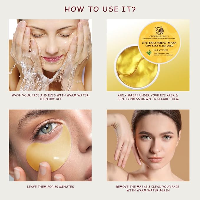 120PCS Under Eye Patches 24K Gold Eye Mask with Aloe Vera Natural Ingredients, Moisturizing Skin Care with Hyaluronic Acid and Collagen for Anti-Wrinkle, for Dark Circles and Puffiness