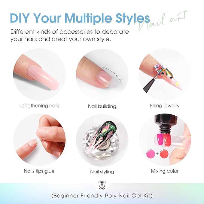ROSALIND 12PCS Poly Nail Gel Kit with Mini Nail Lamp Nude Brown Cherry Pink Poly Extension Gel Kits