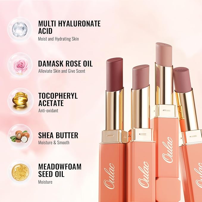 Oulac Nude Hydrating Lipstick Set For Women High Impact Lipcolor Tinted Lip Balm, Nourishing, Satin Finish, Moisturizing Creamy Formula, Vegan Clean Beauty Sensual Glow Rich Crème 01+02+04(SET 1)
