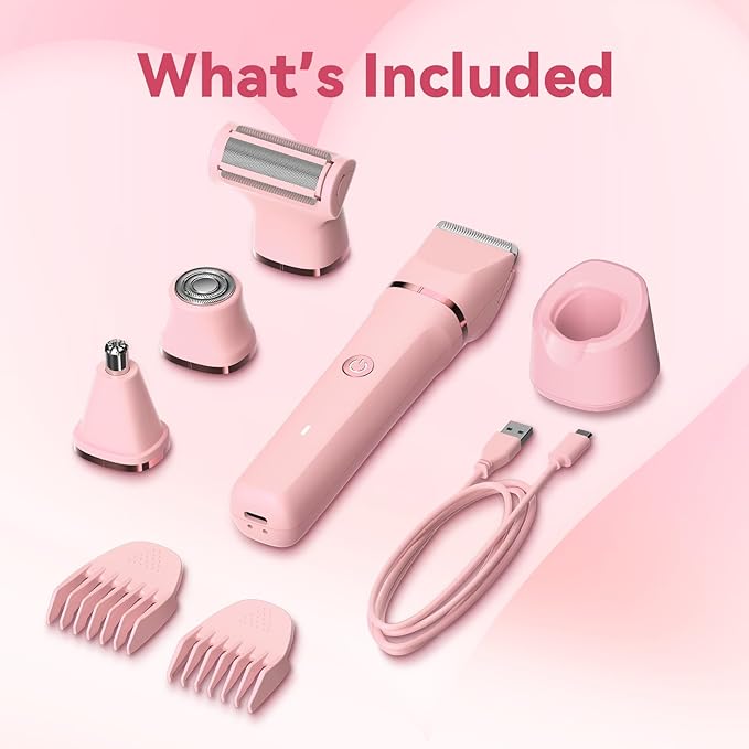 Bikini Trimmer for Women - 4 in 1 Electric Razors for Women, Waterproof Body Pubic Hair Electric Shaver for Womens, Replaceable Facial & Nose Hair Razor, Rechargeable Grooming Kit, Pink