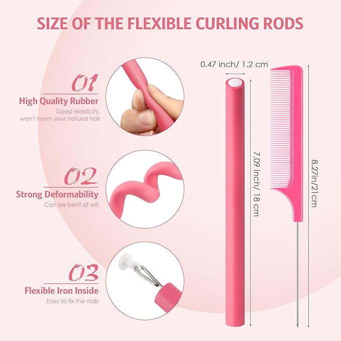 Syhood 30 Pcs 7'' Flexible Curling Rods Twist Foam Hair Rollers Soft Foam No Heat Hair Rods Rollers and 1 Steel Pintail Comb Rat Tail Comb for Women Long Short Hair(Pink,7 x 0.47 Inch)