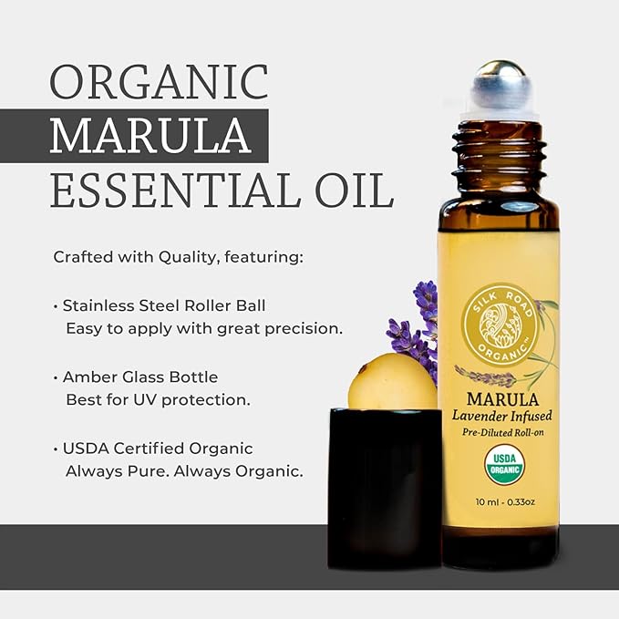 Silk Road Organic Marula Seed & Lavender Essential Oil, 100% Pure USDA Certified Aromatherapy, Deep Hydration for Face, Body, Lips, Hair, Nails - 10 ml Roller by Silk Road Organic
