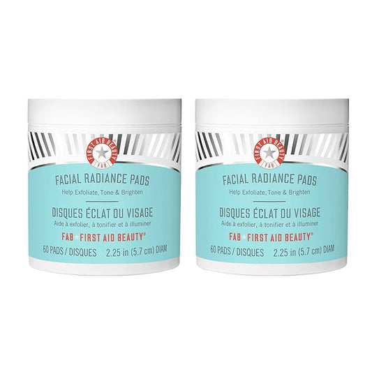 First Aid Beauty – Facial Radiance Pads with Glycolic & Lactic Acids, Daily Exfoliating with AHA that Helps Tone & Brighten Skin, Makeup Prep Pads, Compostable for Daily Use, 60 Count, 2ct