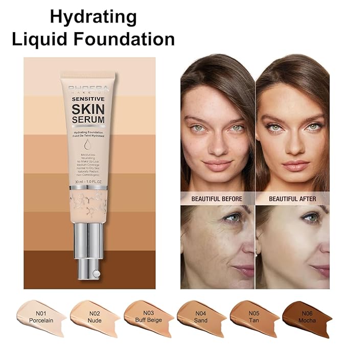 PHOERA Hydrating Essence Foundation,Waterproof and Light Long Lasting Makeup Hypoallergenic Flawless Soft Full Coverage Facial Tinted Foundation Serum. (N02 Nude)