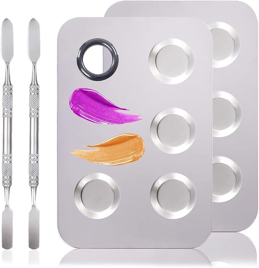 4 in 2 Set Makeup Mixing Palette, Makeup Palette for Foundation, Makeup Mixing Tray, Stainless Steel Mixing Tray with Spatula for Mixing Foundation Eye Shadow Nail Art, Makeup Foundation Mixing Tray