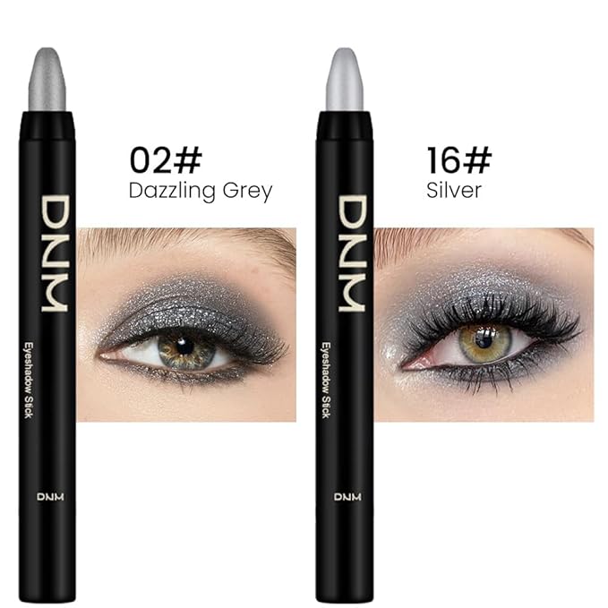 Kaely 2Pcs Cream Eyeshadow Stick Set for Eyes,Dazzling Grey & Silver Shimmer Pen,Eye Brightener Halloween Makeup,sombras para ojos,Smooth Eye Shadow Highlighter Crayon Pencil Waterproof,02+16