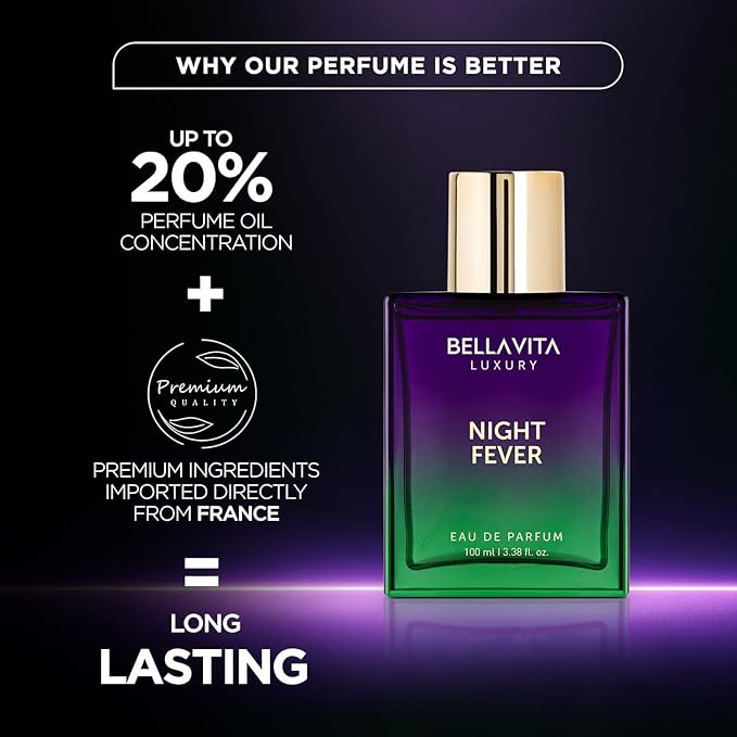 BELLAVITA Luxury NIGHT FEVER Perfume for Women and Men | Notes of Bergamot Mandarin, Peach, Musk & Vanilla | Long Lasting Eau De Parfum for Man and Woman | Fruity Premium Unisex Fragrance Scent