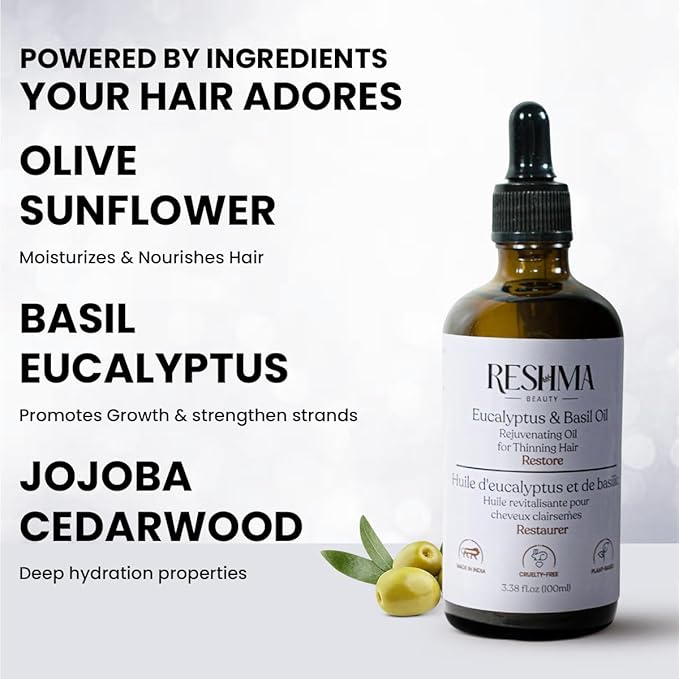 Reshma Beauty Eucalyptus & Basil Oil – Henna Infused Rejuvenating Oil for Thinning Hair | Restores, Strengthens & Nourishes