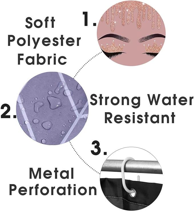 4PCS Hello Gorgeous Shower Curtain Set, Rose Gold Glitter Drip Bling Glam Diamond Crown Princess Unicorn Eyelash Girls Pink Bathroom Decor, Waterproof Fabric Shower Curtain Bath Mat Toilet Rug