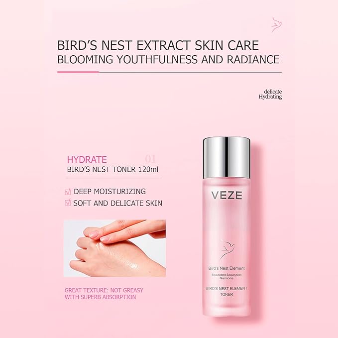 VENZEN Bird's Nest Element Beautecret Seaucysket Niacinome Set Moisturizing Body Face Hand Skincare Delicate Hydration Toner Emulsion 2Pcs Gift Box
