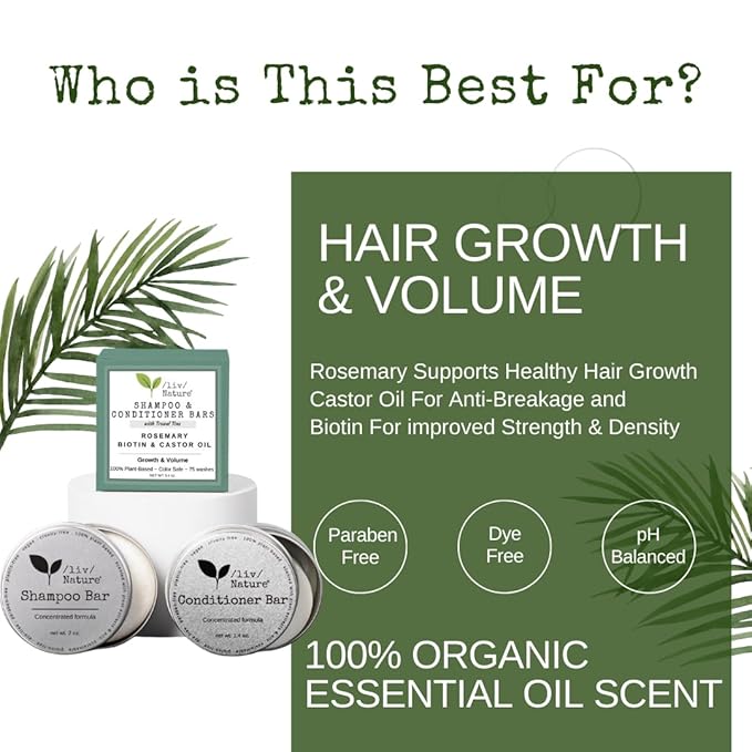 Shampoo Bar and Conditioner with Travel Tins | Rosemary, Biotin, Castor Oil | Growth, Volume, Thickening | For Thinning Hair | USA 2-pk