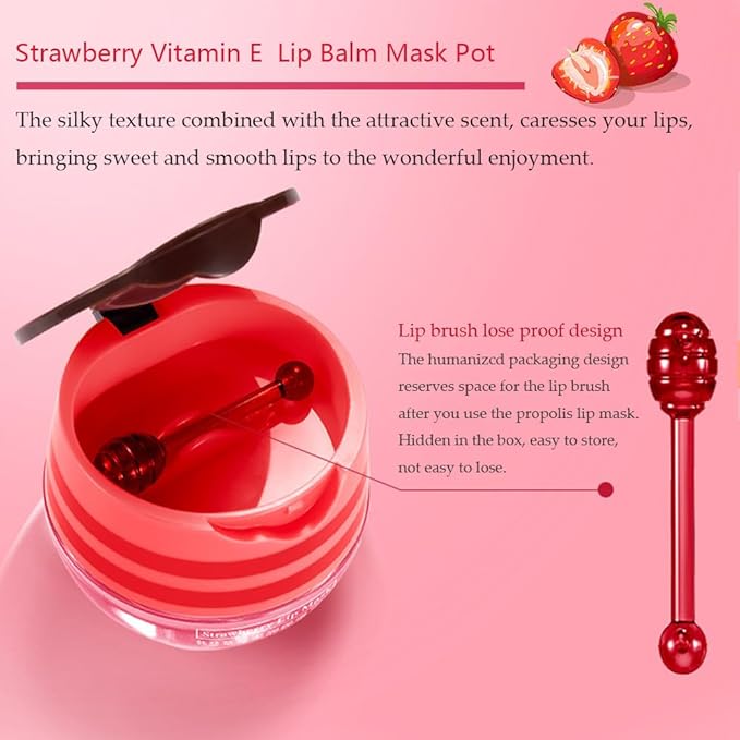 2PCS Strawberry Pot Lip Balm with Brush,Lip Exfoliating Balm Sleeping Lip Mask,Hydrating Prevention Dry and Cracked Lip Scrubs Exfoliato Lip Sleeping Mask Reduces Lip Lines Lip Care Products