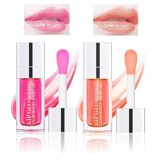 2PCS Lip Oil Set, Hydrating Lip Glow Oil Lip Plumper Gloss, Tinted Lip Oils Transparent Long Lasting Non-sticky Lip Gloss, Plumping Lip Gloss Lip Care Kit (Raspberry & Pink)