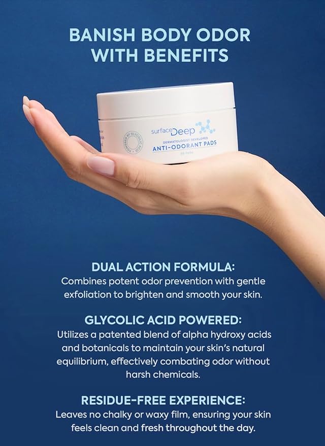 Anti-Odorant Pads – Deodorant Odor Prevention & Skin Care in One | 50 Pads in Jar | Dermatologist-Developed | Glycolic Acid Exfoliation | Aluminum-Free, Vegan & Cruelty-Free