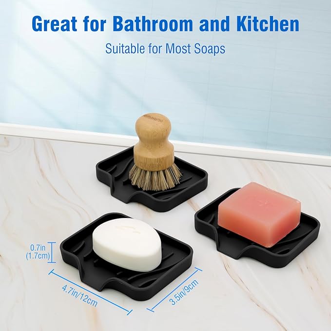 3-Pack Silicone Soap Dish, Bar Soap Holder, Soap Dishes for Bar Soap, Easy to Clean, Self Draining Soap Tray for Shower, Bathroom, Kitchen, Bathtub, Keep Soap Dry, Save Soap (Black)