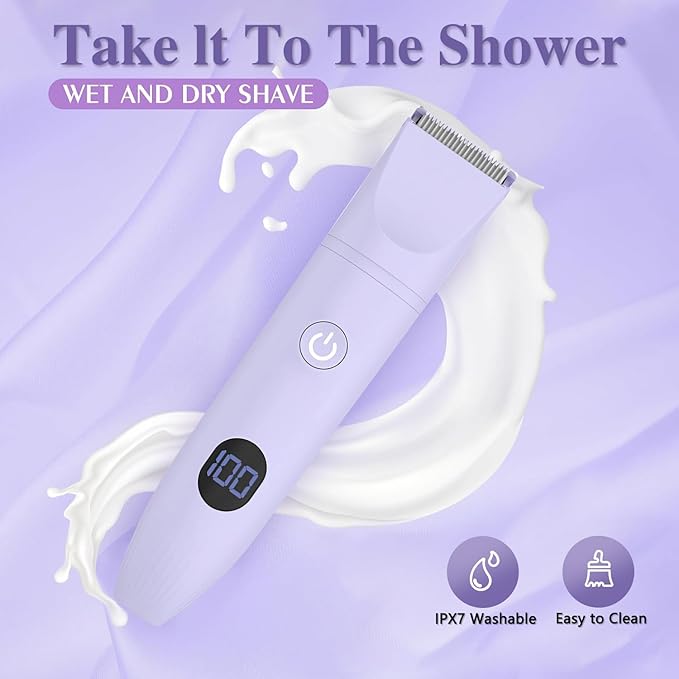 3-in-1 Bikini Trimmer for Women, IPX7 Waterproof Electric Shaver for Women-Rechargeable Electric Razors for Pubic, Facial & Body Hair Trimmer with LED Display, Travel Kit & Painless Blades (Purple)