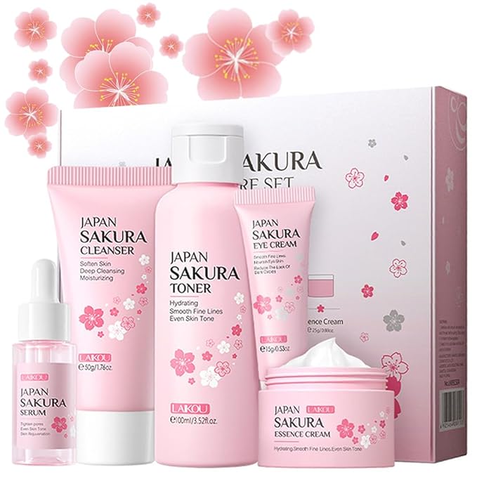 Sakura Skincare Gift Set, Skin Care Travel Kit with Cleanser, Toner, Serum, Eye Cream, Face Cream for Women Girls (5pcs)