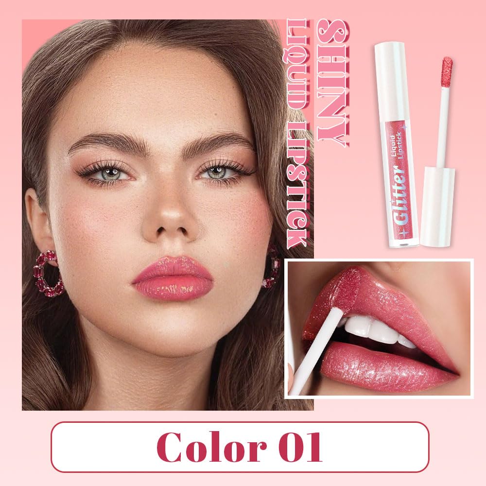 Nude Pink Metallic Lipstick for Women,Lightweight Glitter Sparkling Liquid Lipsticks,Shimmer Lip Gloss Stain Long Lasting Waterproof Smudge Proof Non-Drying 24 Hour Full Coverage Lip Makeup,Vegan
