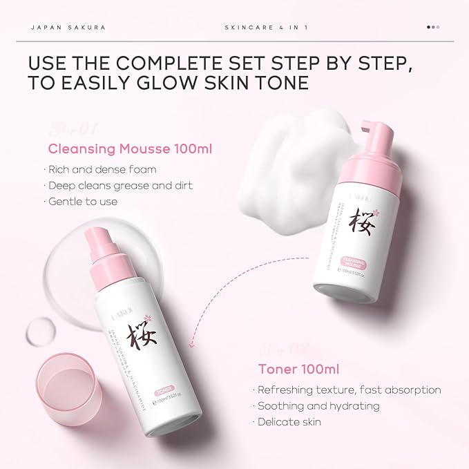 Skin Care, Skin Care Set, Hydrating Smooth Fine Lines Even Skin Tone Skin Care Kit with Cleansing Mousse, Toner, Serum, Essence Cream for Women Teen Girls Birthday Mother's Day Christmas 4pcs