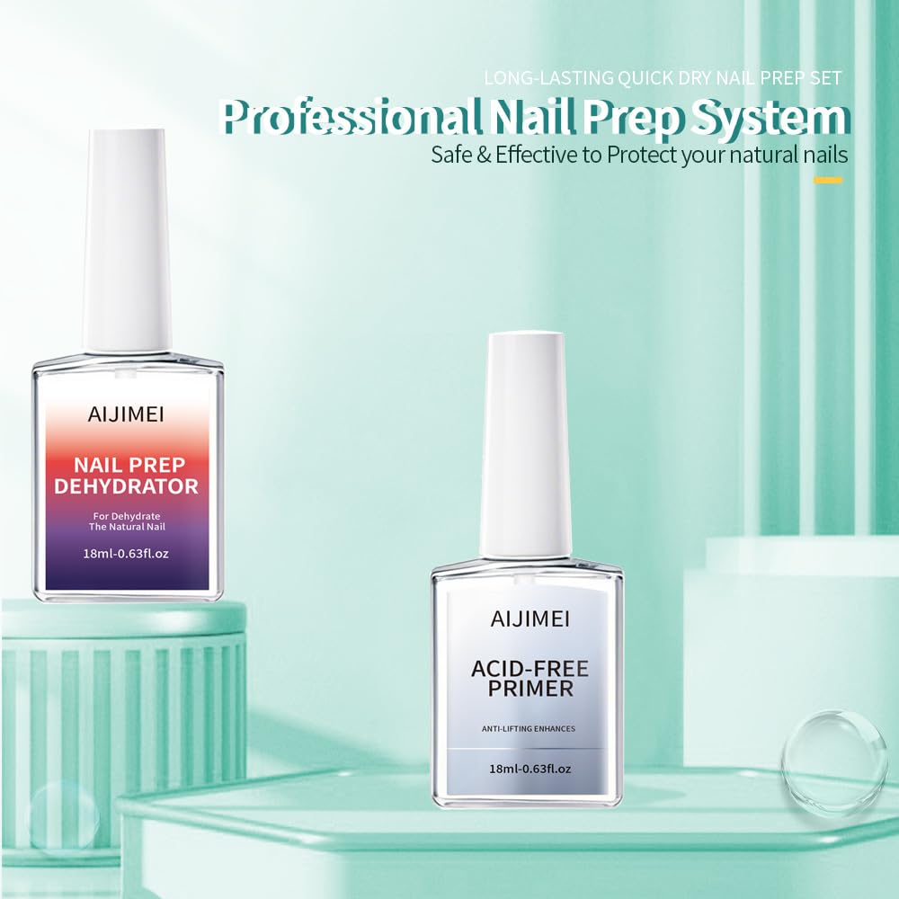 AIJIMEI Professional Natural Nail Prep Dehydration and Acid Free Primer For Acrylic False Nail Tips Bond Base Gel Nail Polish and Quick Drying Adhesive Dehydrator Set（18ml/0.63fl.oz