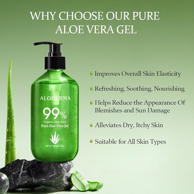 Aloderma 99% Organic Aloe Vera Gel Made within 12 Hours of Harvest - Pump Bottle - Lightweight Aloe Gel for Face and Body, Soothing and Hydrating Sunburn Relief, Great for Scalp & Hair - 6 x 10.6oz