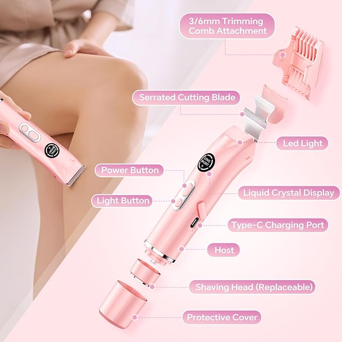 Bikini Trimmer for Women|Hair Removal Shaver - Painless Electric Razor, Cordless Body Shaver for Travel, Replaceable Lady Facial Razor|Trim Nasal/Eyebrows, IPX7 Waterproof&Easy Cleaning, Ceramic Blade