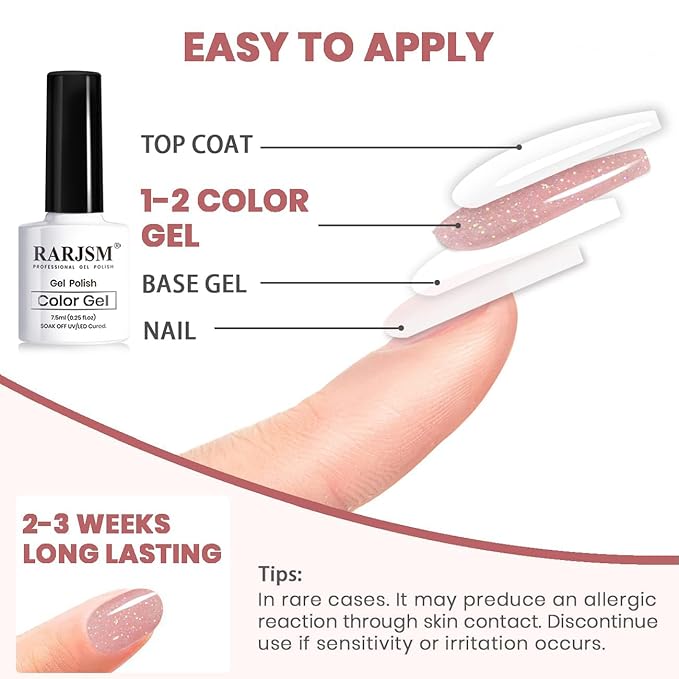 RARJSM Glitter Nude Gel Nail Polish 6pcs Set Shimmery Nail Gel Polish Iridescent Sparkly Gold Rainbow Pigment Jelly Sheer Pink Milky Silver White Translucent Natural Skin Tone Color 7.5ml Soak off