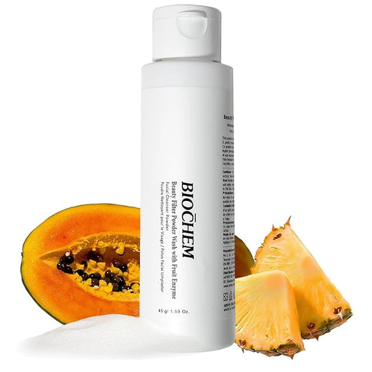 BIOCHEM Beauty Filter Powder Face Wash with Fruit Enzyme, Daily Wash with Papaya & Pineapple Enzyme, Gentle Plant-Based Low pH Exfoliator Cleanser for Women & Men, Sensitive Skin (1.59 fl oz / 45 g)